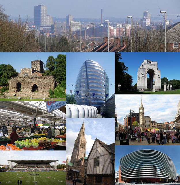 Leicester skyline (and then clockwise from top-left) Jewry Wall, National Space Centre, Leicester War Memorial, Central Leicester, Curve theatre, Leicester Cathedral and Guildhall, Welford Road Stadium, Leicester Market