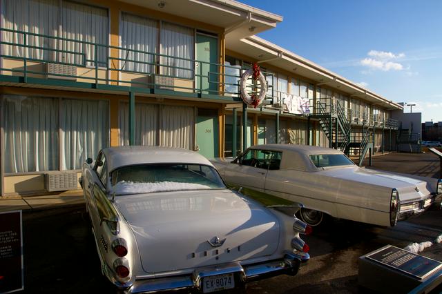 A wreathe marking the spot where Martin Luther King Jr was assassinated, Lorraine Motel, National Civil Rights Museum