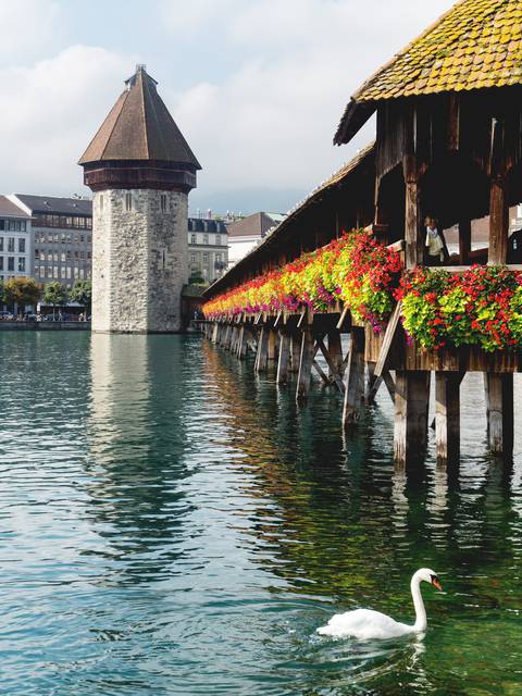 Kapellbrücke (covered bridge) and Watertower on the river Reuss