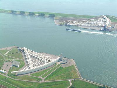 The enormous arms of the Maeslant Barrier can close off the mouth of the waterway to protect against storm surges