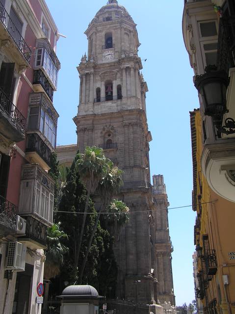 Looking up at the tower of Málaga cathedral