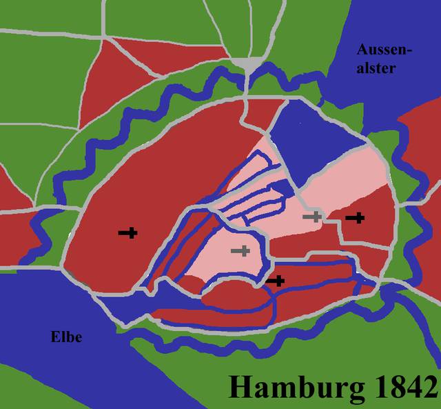 The extent of the great fire of 1842 (Hamburger Brand) - all the areas in the lighter shade were completely destroyed. The extent of the built areas of Hamburg at that time are marked by the darker red shade.