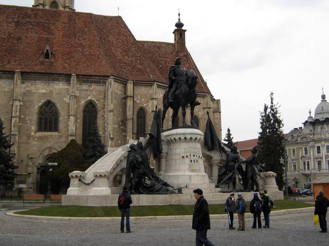 St. Michael's Church, with the statue of Matthias Corvinus.