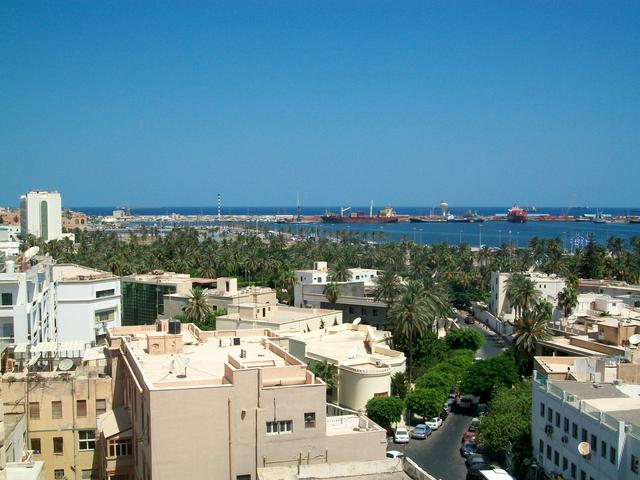 Maydan Jazair Park and the port of Tripoli seen from the Italian quarter.