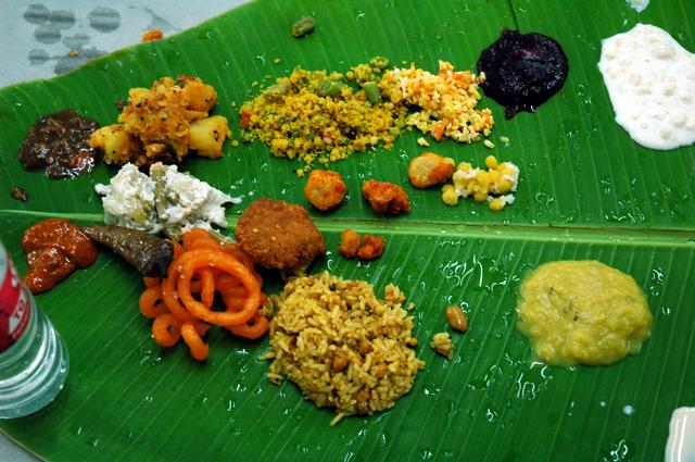 Lunch on a banana leaf (no rice added yet)