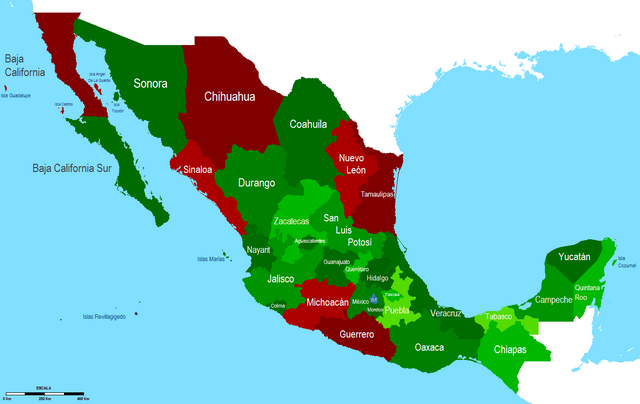 States with the most conflict, marked in red (2010)