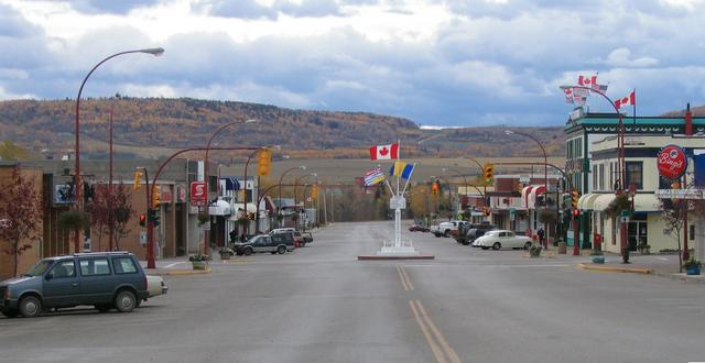 Downtown Dawson Creek and the Alaska Hwy Mile Zero monument.