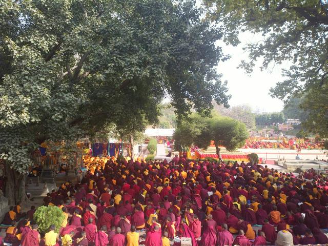 Monks participating in prayer at Mahabodhi Temple