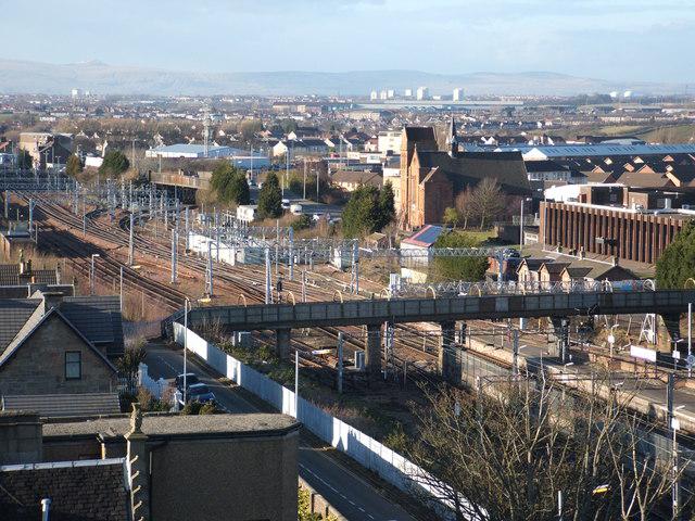 Panorama over the West Coast Main Line running through Motherwell