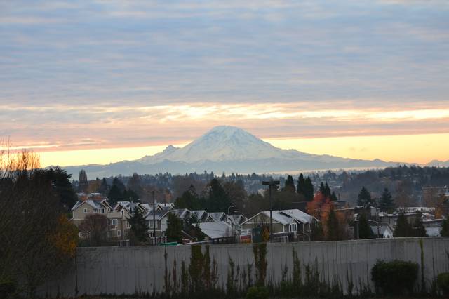 Mount Rainier rises over Seattle