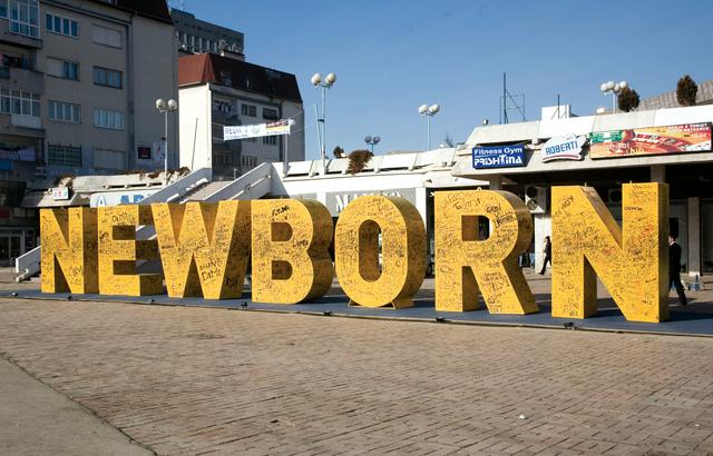 Newborn monument was unveiled on the day of independence in 2008 - its paint scheme is changed yearly