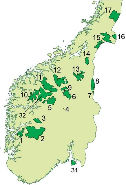 National parks in South Norway: Hardangervidda is 2 (Folgefonna glacier is 1, Hallingskarvet is 3)