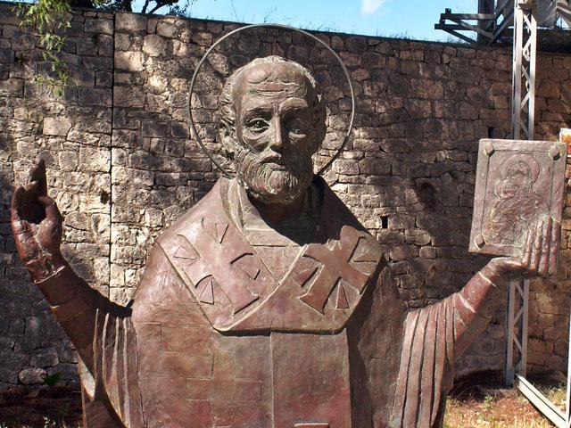 A sculpture of St Nicholas near the church