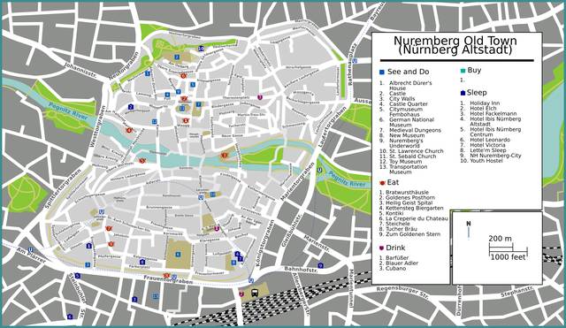 Map of Nuremberg's Old Town (Altstadt), click to enlarge.