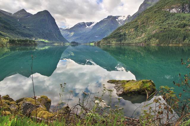 Olden lake is a typical fjord-lake and colored turquoise by glacial melt water