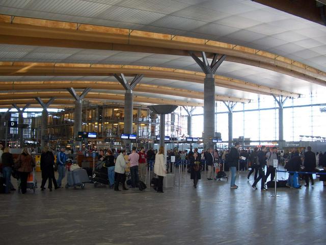 The check-in hall at Oslo Airport, Gardermoen. Remark its extensive use of woodwork.