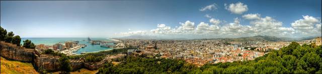 Panoramic view of Malaga from Gibralfaro: Malaga Cathedral (center)