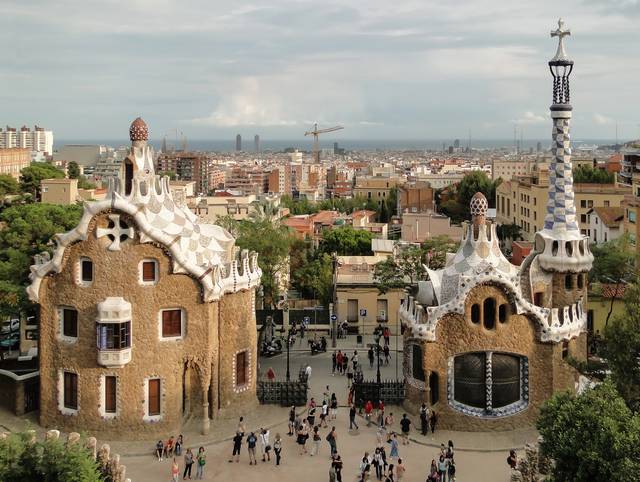 View from Gaudi's Park Güell towards Barcelona's old town and seaside