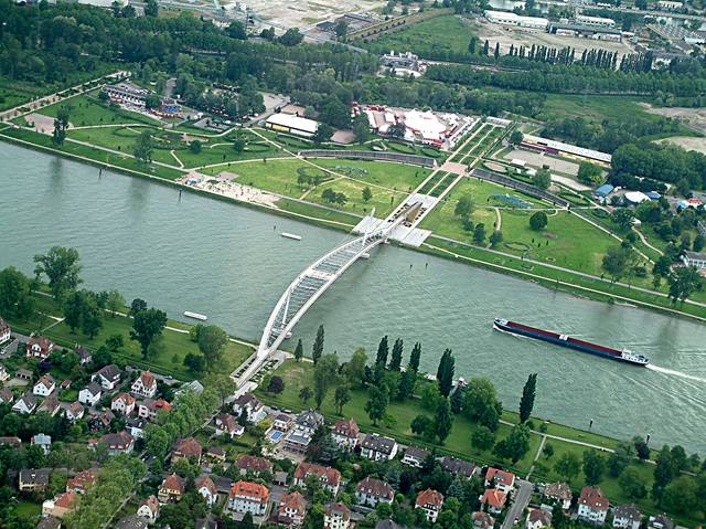 Aerial view of the Rhine, showing the Passerelle des Deux Rives crossing the river from Strasbourg to the German side in Kehl