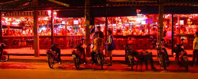 Open-air beer bars on Beach Road