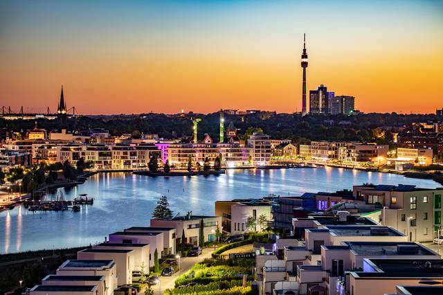 The new Dortmund. Lake Phoenix with TV Tower and Signal-Iduna Park