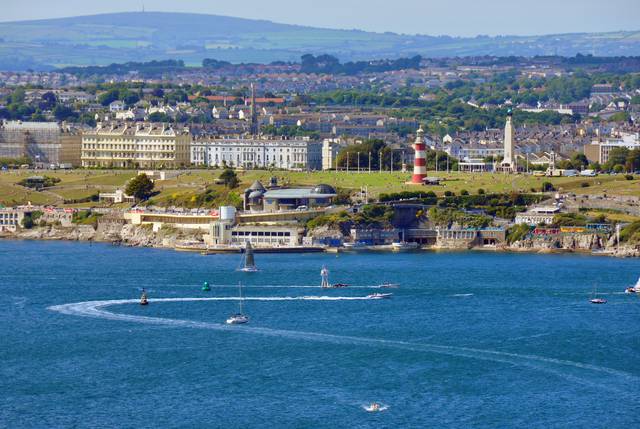 Plymouth Hoe from Staddon Heights, showing water of Plymouth Sound. 