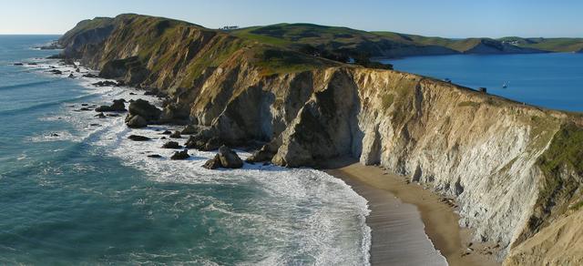 Looking back at the Point Reyes headlands from the Chimney Rock trail in winter. Elephant seals lie in the sand at the bottom of the cliffs.