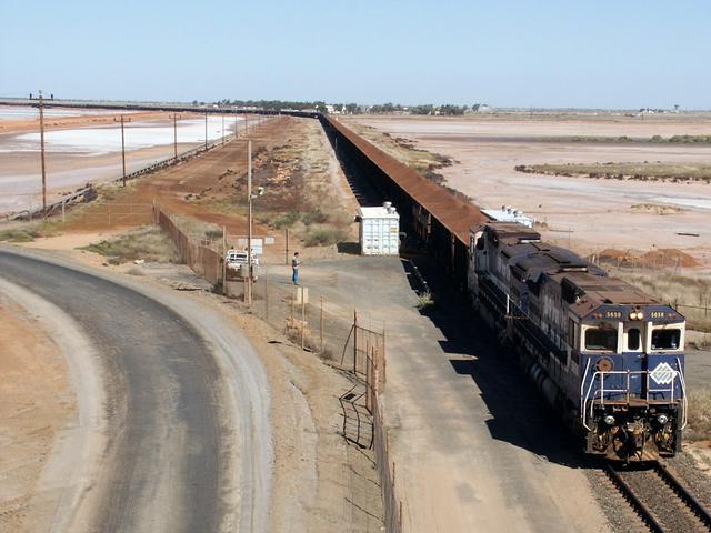 A train carrying iron ore arriving at Port Hedland