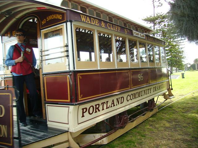The tram, powered by a small combustion engine, en route from Wade Street to the Henty Park depot.