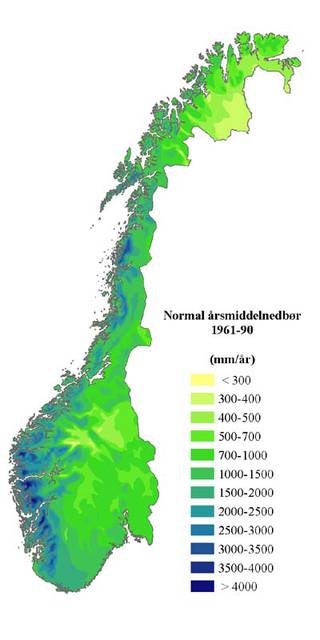 Annual mean precipitation. Source: The Norwegian Meteorological Institute (met.no)
