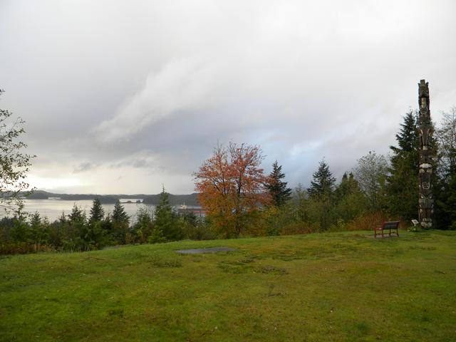 One of the totem poles and view from Totem Park