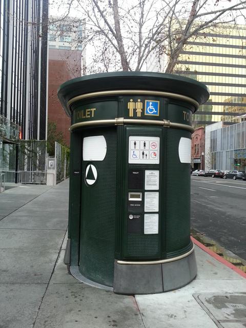 This self-cleaning automatic toilet, at the corner of S Market & W Santa Clara Streets, is free and a welcome convenience for pedestrians.