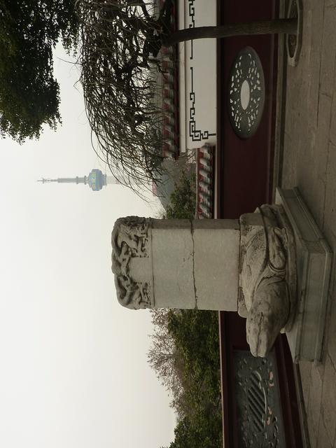 A bixi turtle at the Qingchuan Pavilion, and the Turtle Mountain TV Tower