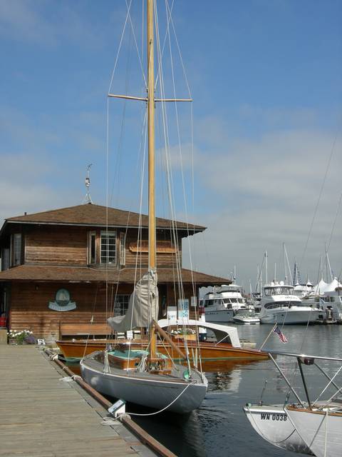 Sailboat moored at the Center for Wooden Boats