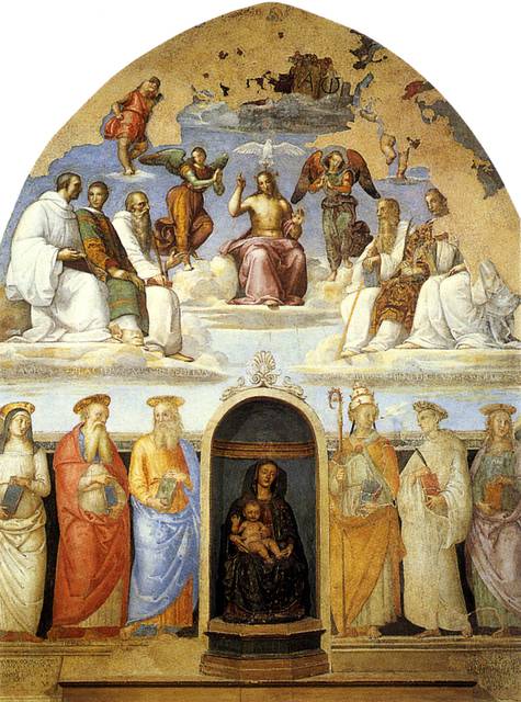 Fresco by Perugino and his student, Rafaello Sanzio (Raphael) of the Trinity and Six Saints, San Severo Chapel