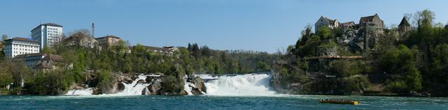 Panoramic view of the Rhine Fall near Schaffhausen with the Laufen Castle and environment.