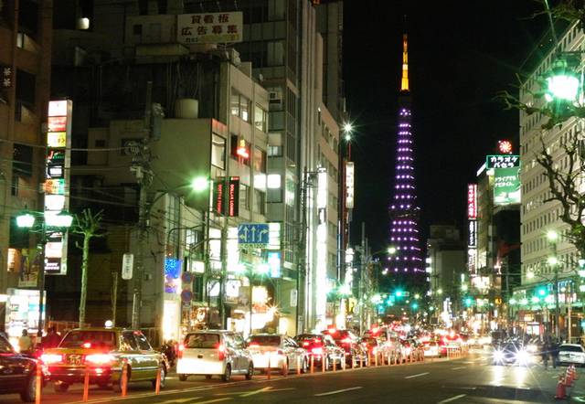 Roppongi at night, with Tokyo Tower in the distance