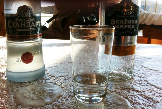 High quality and popular domestic vodkas on the table: Russian Standard and Zelyonaya Marka