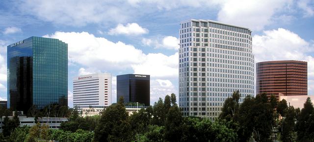 Costa Mesa's skyline features many tall modern office buildings; the ones in this picture are part of the South Coast Plaza