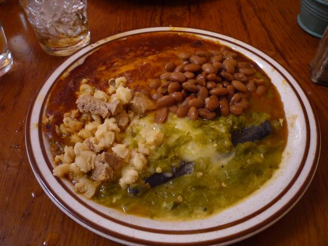 alt=Blue corn enchiladas at The Shed