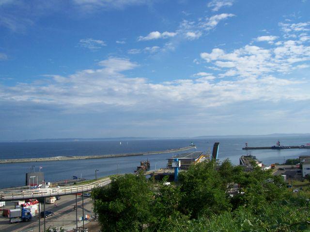 Sassnitz harbor: the conning tower of HMS Otus is on the left-hand side