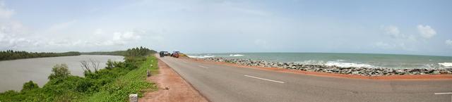 Maravanthe beach near Kundapura - Sauparnika River on left, Arabian Sea on right (NH 17 in between).