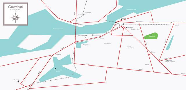 A Schematic Map of the city of Guwahati showing important roads and places of interest