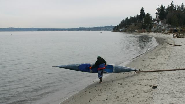 Sea kayaker launching at Manchester which is the closest launch site to Blake Island