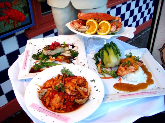 A sampling of some sea food, available at Monterey's Fisherman's Wharf