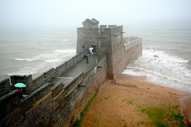 The end of the Great Wall of China where it meets the ocean