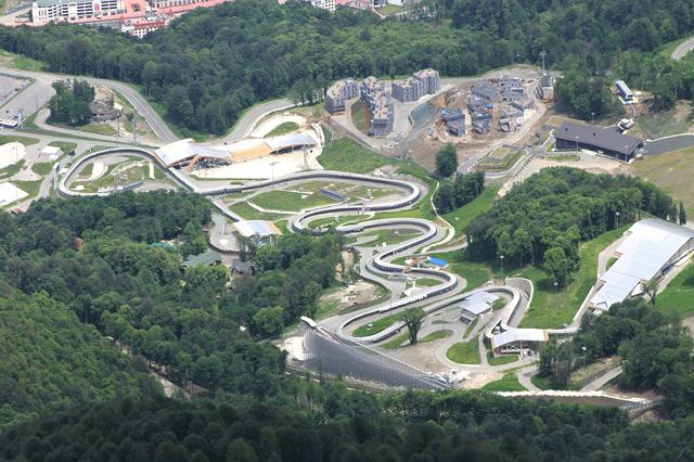 Sliding Center Sanki, venue of competitions in bobsled, luge and skeleton at the 2014 Winter Olympics, viewed from peak of Black Pyramid