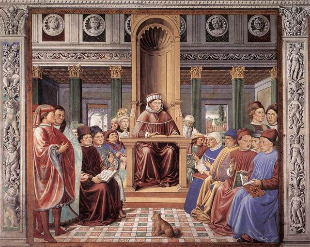St. Augustine Teaching in Rome, fresco by Benozzo Gozzoli at the church of Sant'Agostino