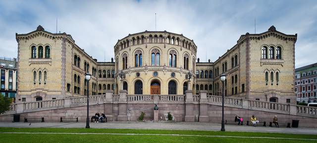 Stortinget, the Norwegian parliament is a monumental building on the main street of Oslo.