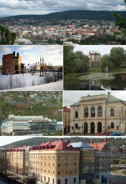 Top:Panorama view of downtown Sundsvall, Stenstaden and South Stadsberget, 2nd left:Mid Sweden University (Mittuniversitetet), 2nd right:Court of Appeal for Lower Norrland in Bunsouska Pond, 3rd left:North Gate Arena and Gustav Adolf Church, 3rd right:Sundsvall Theater, Bottom:Kulturmagasinet, Sundsvall Museum and Library.